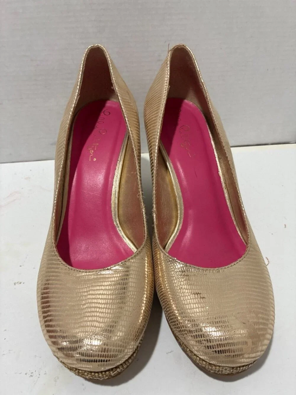 Lilly Pulitzer Resort Chic Wedge Pumps Womens Gold Metallic 3.25